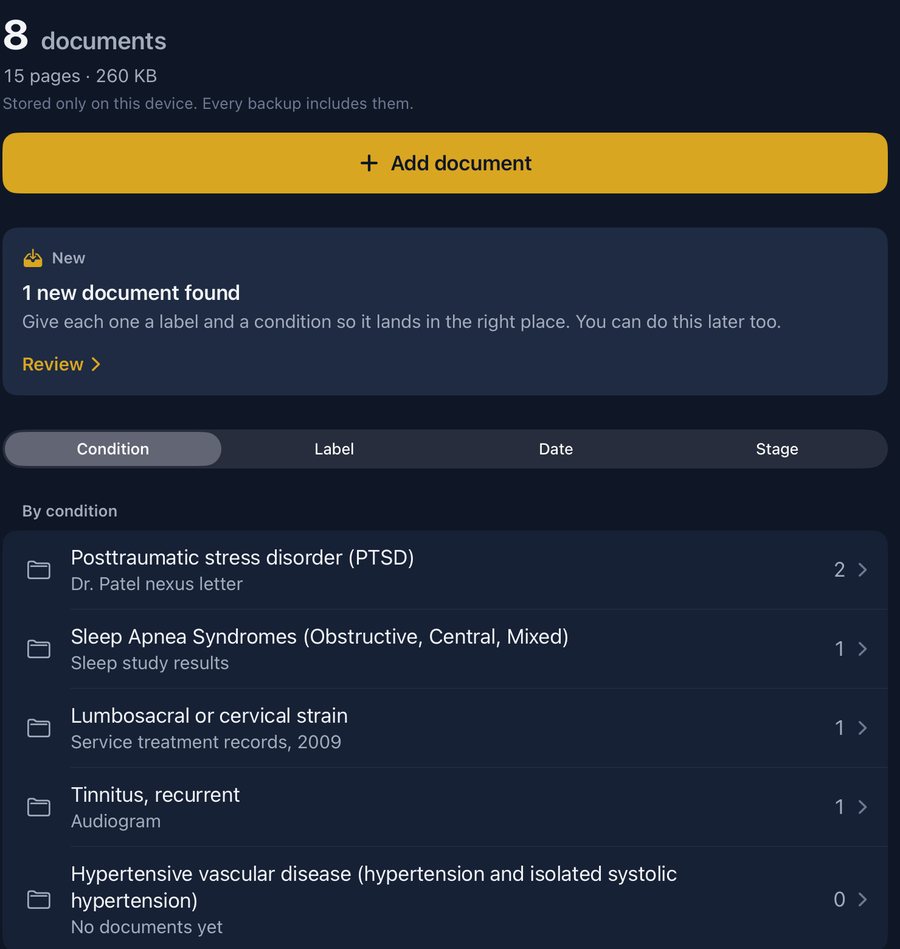 VA Ready 3.0 Claim File on iPad holding 8 documents stored on the device, with an Add document button, a new document found prompt, and documents grouped by condition with filters for label, date and stage.