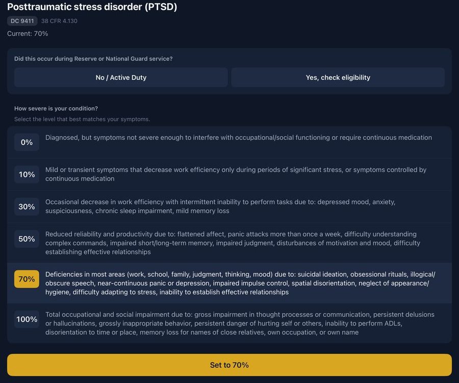 VA Ready on iPad, Pro view: the 38 CFR 4.130 rating criteria for PTSD, diagnostic code 9411, with the 0, 10, 30, 50, 70 and 100 percent break points listed in full and 70 percent selected.