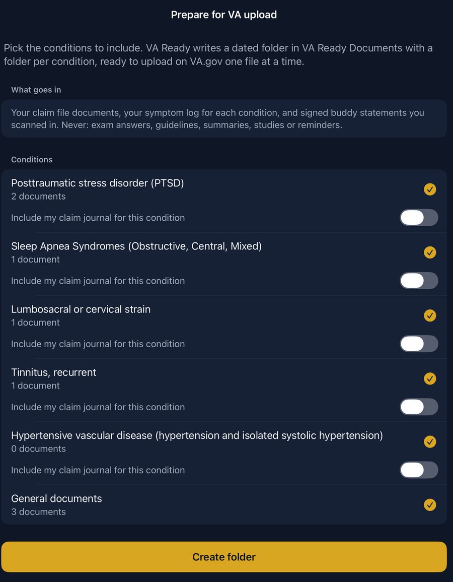 VA Ready 3.0 Prepare for VA upload screen on iPad, choosing the conditions to include and whether to add the claim journal, before writing a dated folder per condition.