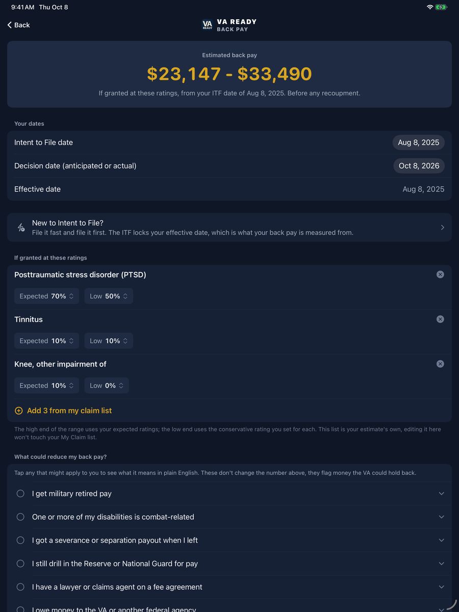 VA Ready Back Pay Estimator on iPad showing an estimated range of $23,147 to $33,490 from an Intent to File date, with the Intent to File, decision and effective dates, above a list of conditions with expected and low rating estimates and questions about what could reduce back pay.