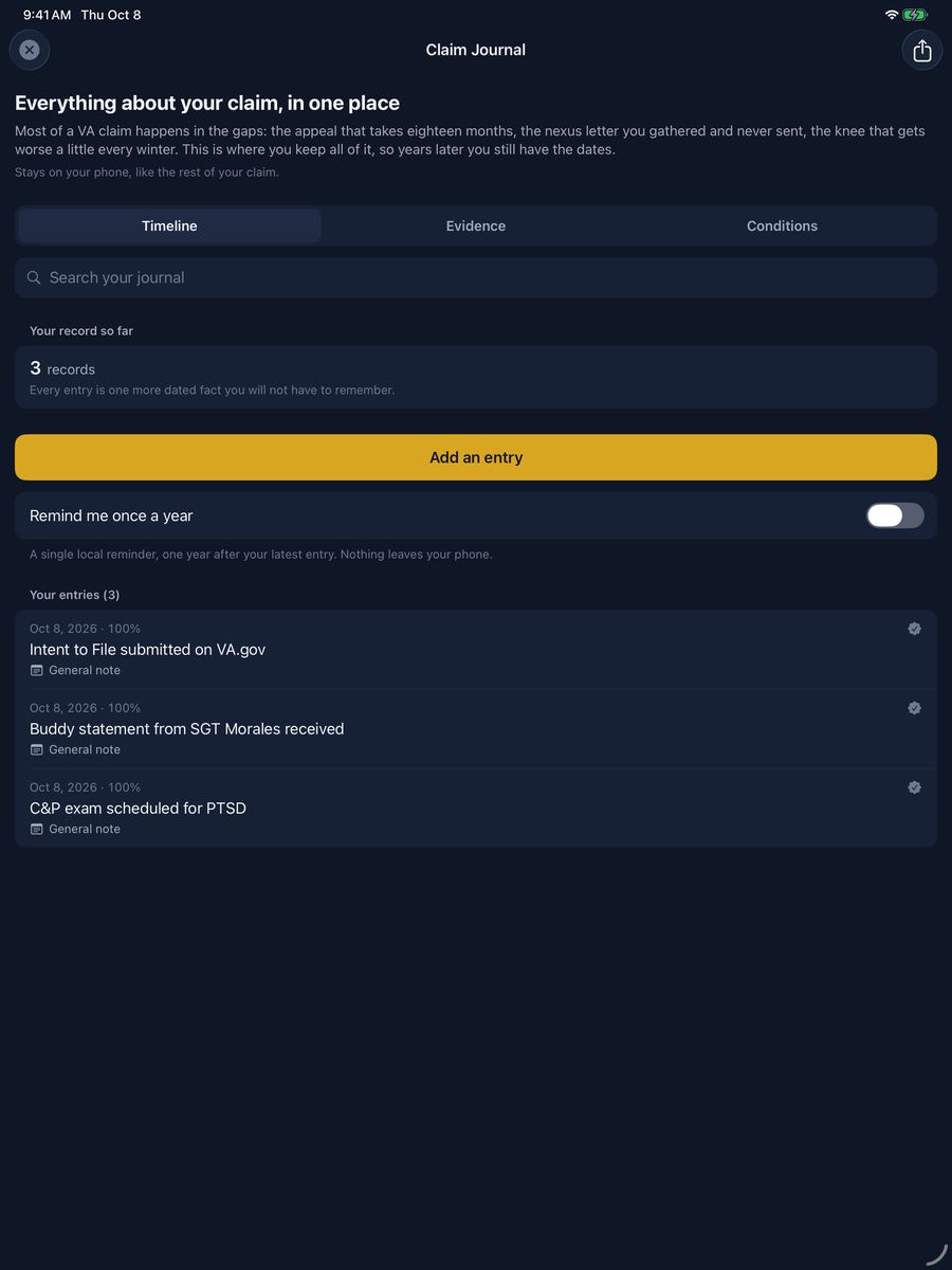 VA Ready claim journal on iPad with Timeline, Evidence and Conditions tabs, a search field, a summary reading 3 records, an annual reminder toggle, and dated entries for an Intent to File, a buddy statement and a C and P exam.