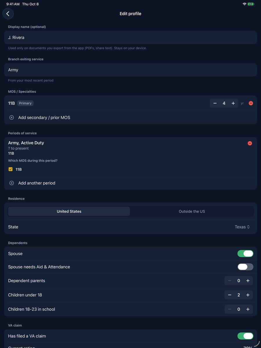 VA Ready profile editor on iPad showing a period of service, Army Active Duty, with a checkbox assigning the 11B Infantryman specialty to that period and a button to add another period, above residence and dependents.